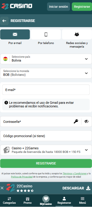 Registro en 22Casino Bolivia